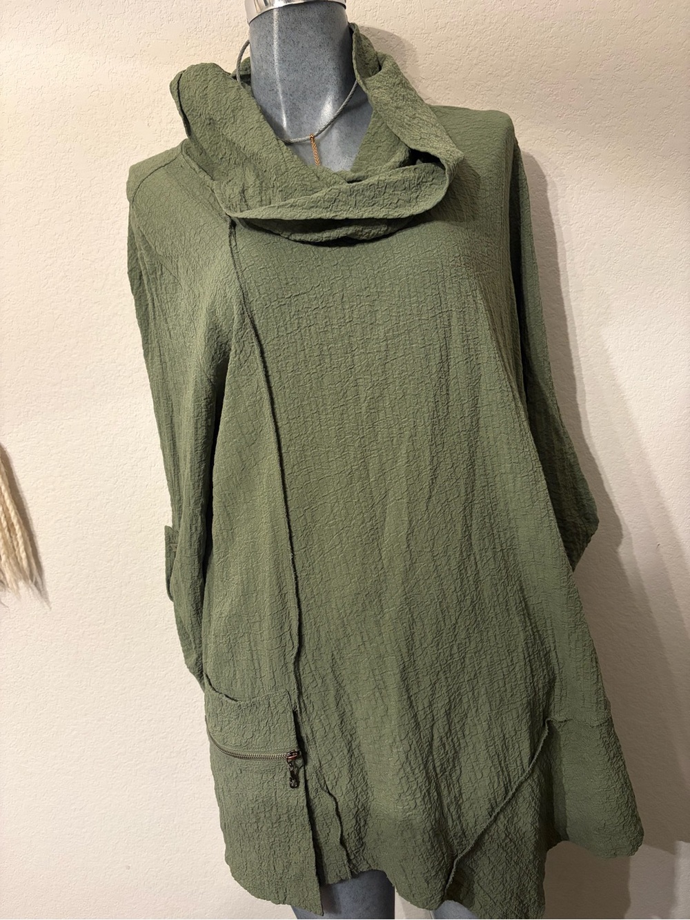 Olive Green Textured Cowl Neck Dress